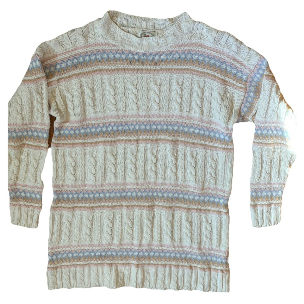 Marsh Landing Cable Knit Women’s Small Vintage White Pink Blue Sweater